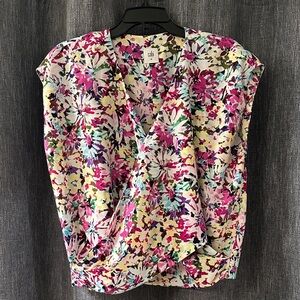 CAbi Women's medium Floral Wrap Blouse - Pink, Purple, Blue, Green. Cap sleeve.